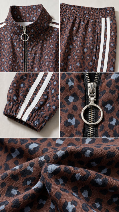 Detailed close-ups of stand collar, ring zipper pull, elastic waistband, cuffs, and leopard knit fabric