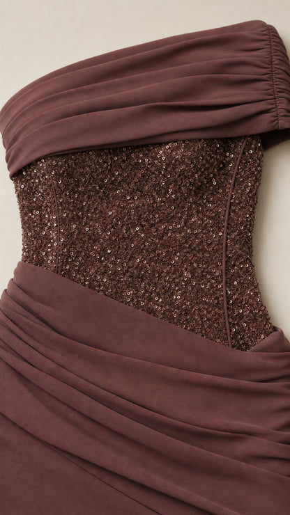 Close-up detail of Mocha Brown fabric ruching and sparkling sequin waist panel
