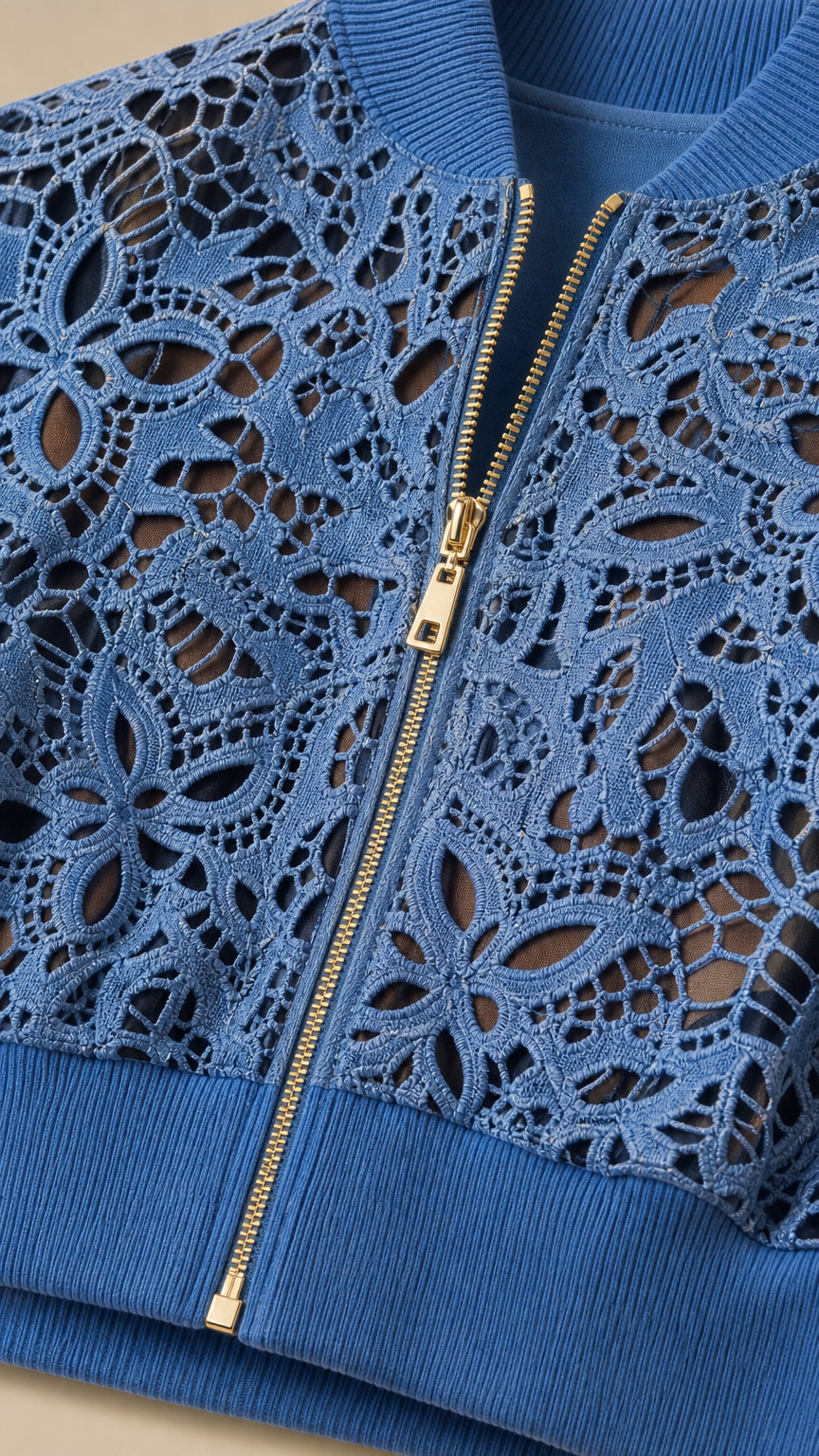 Detailed close-up of blue floral cutout lace bomber jacket with gold zipper