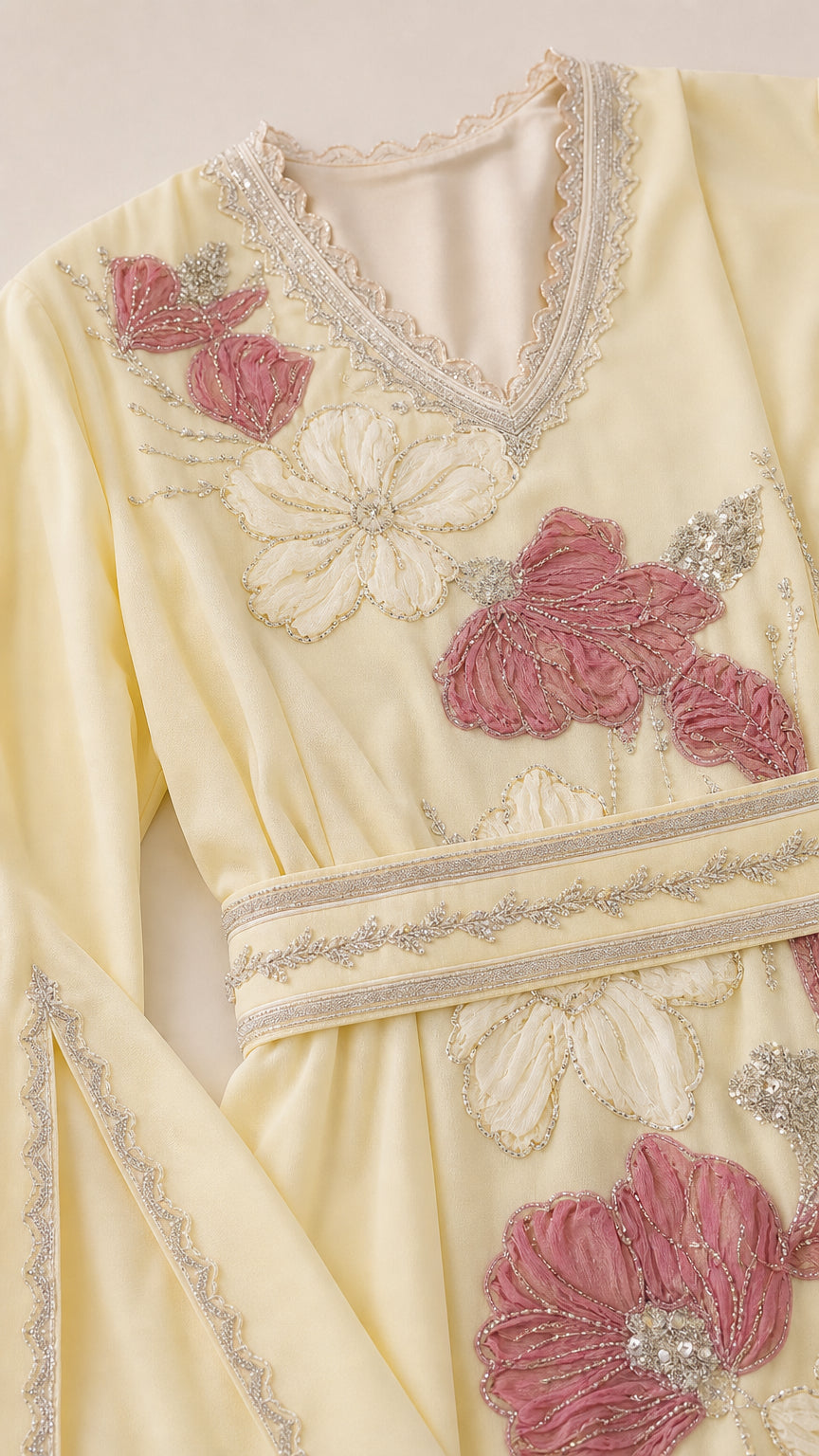 Close-up detail of floral embroidery and embellished braided neckline trim