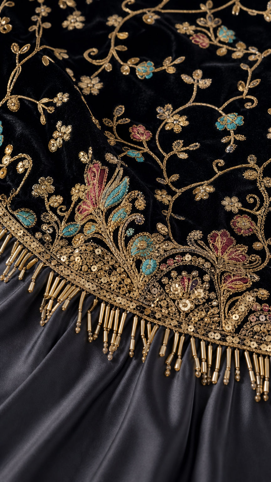 Close-up detail of floral embroidery, sequins, and beaded tassel trim