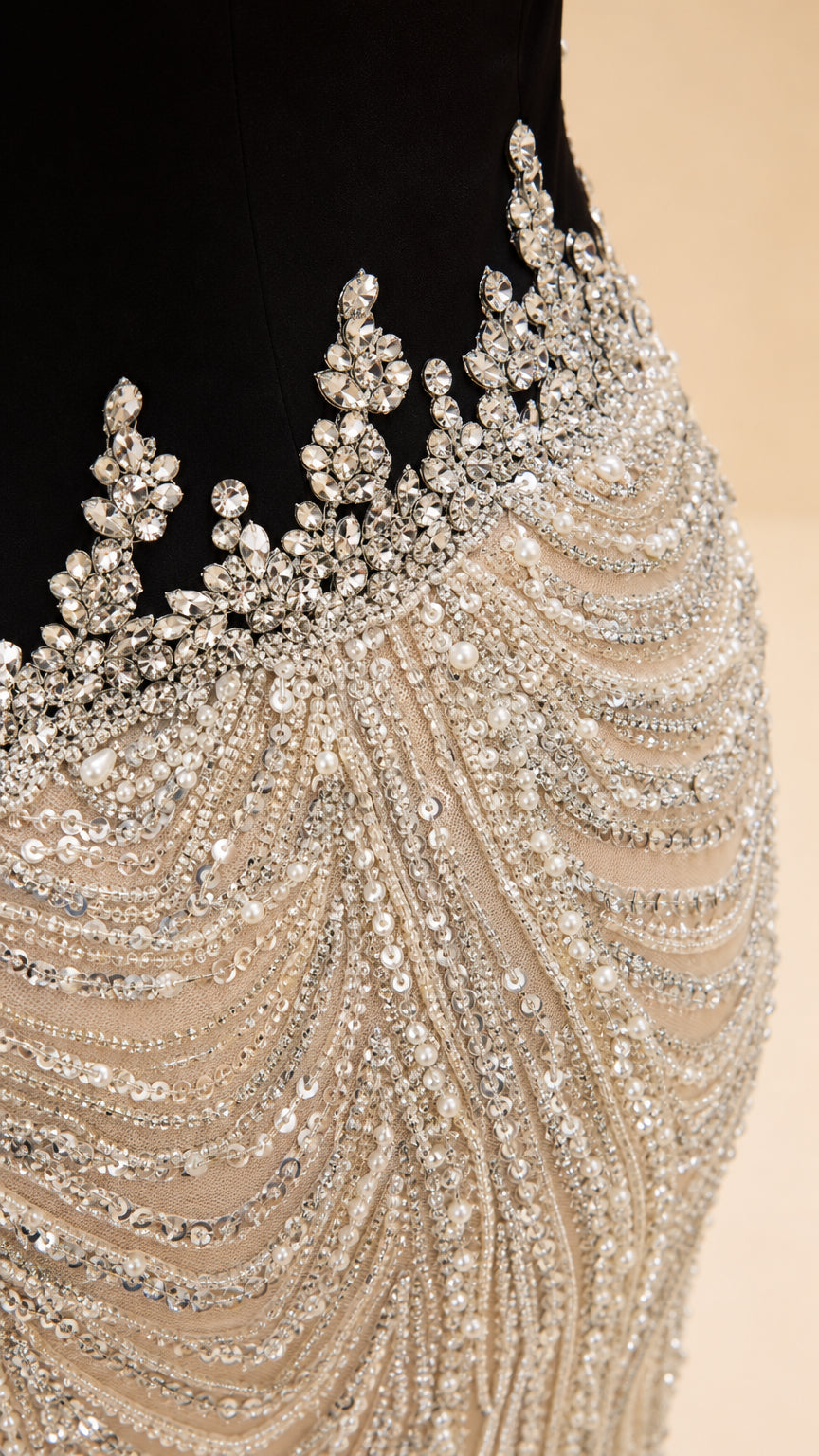 Close up view of intricate crystal embroidery and beaded fringe on waist