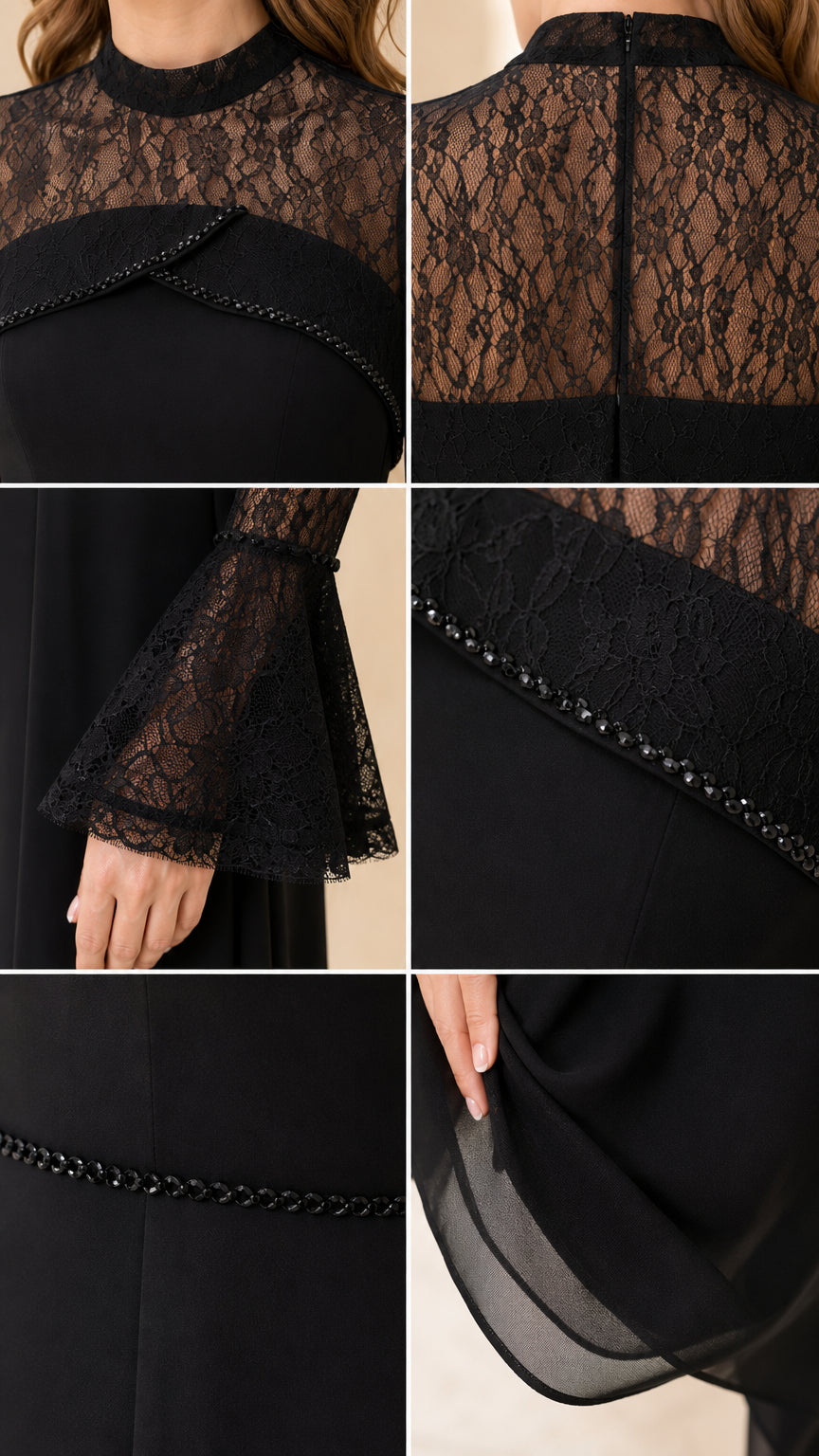 Close-up detail shots showing floral lace mock neckline, bell cuffs, beaded trim, and chiffon layers