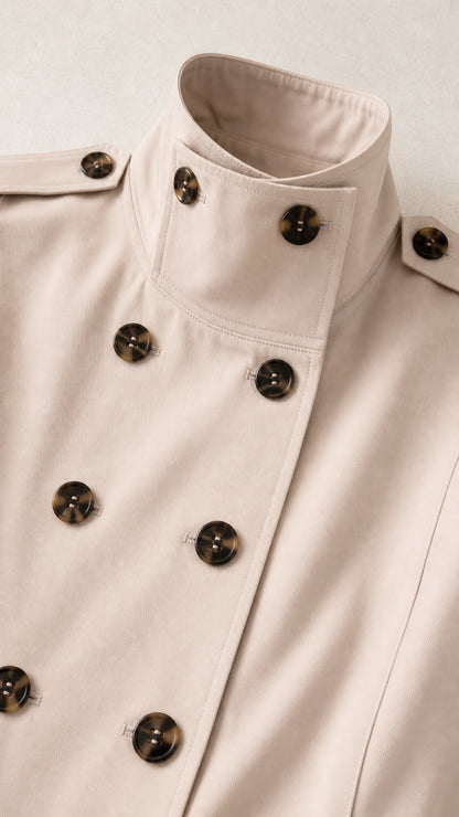 Close-up detail of beige high stand collar and double-breasted button closure with epaulettes