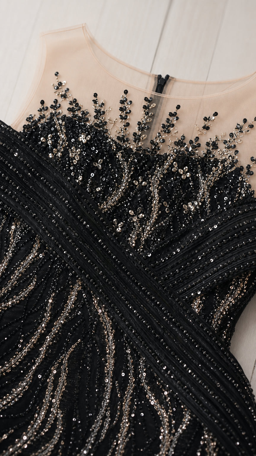 Close-up detail of sheer illusion neckline with crystal beading and pleated bust bands on black gown
