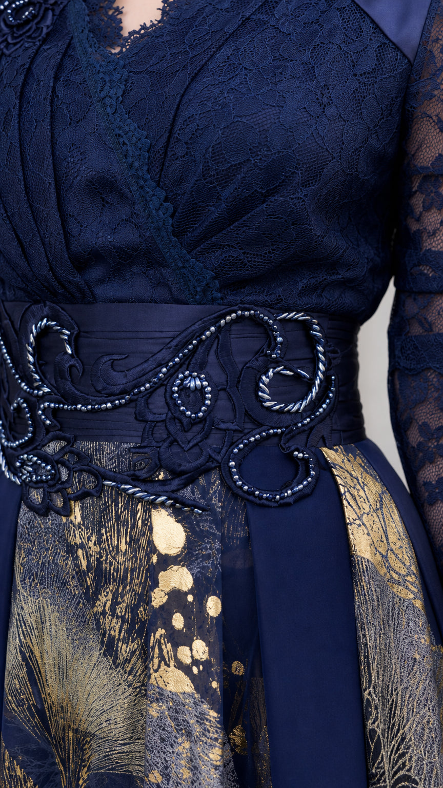 Close up of navy blue lace bodice with corded waistband and gold foil details