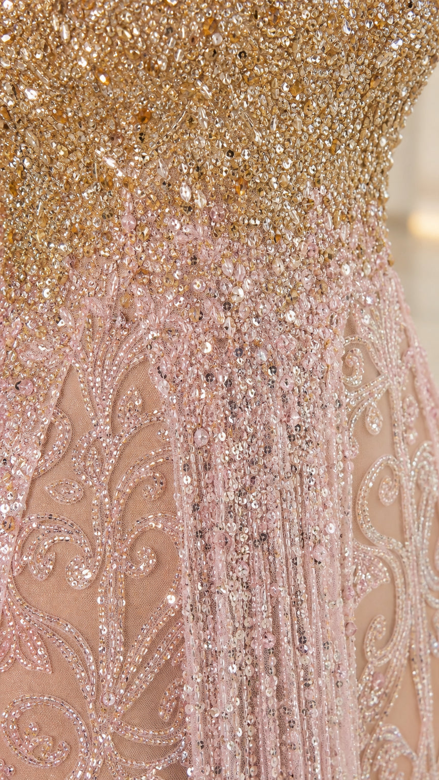 Close-up detail of intricate gold-to-pink ombré beadwork and embroidery