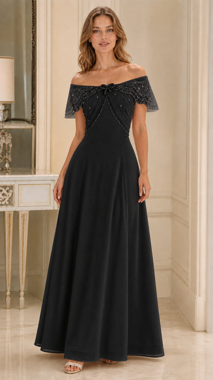 Front view of black off-the-shoulder formal evening maxi gown
