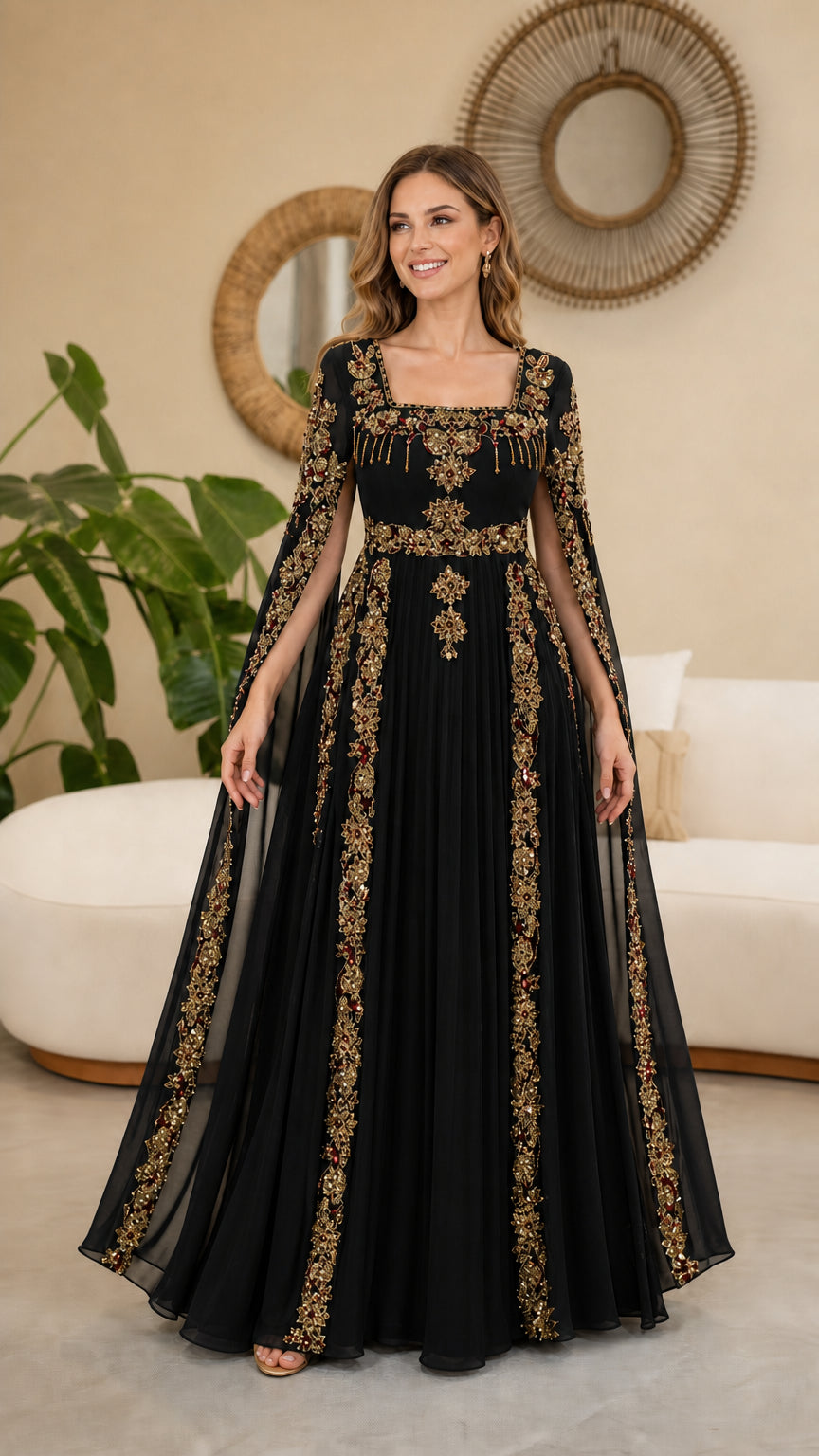Model wearing Black embroidered cape sleeve formal maxi dress
