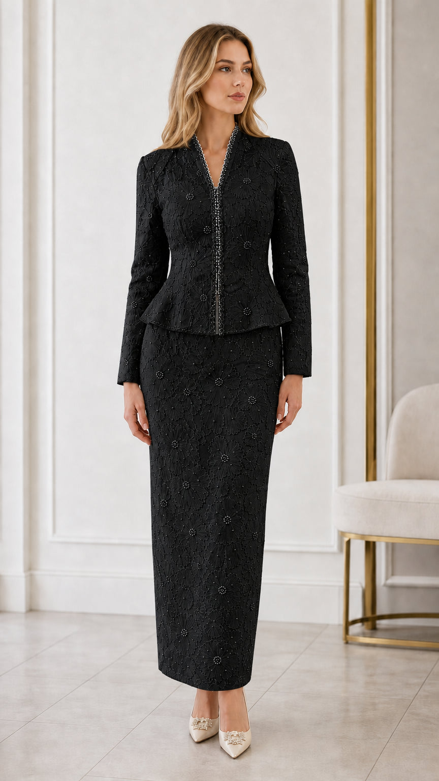 Full front view of black embroidered peplum skirt suit