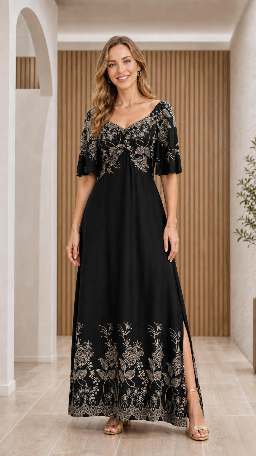 Front view of woman wearing Black floral embroidered maxi dress