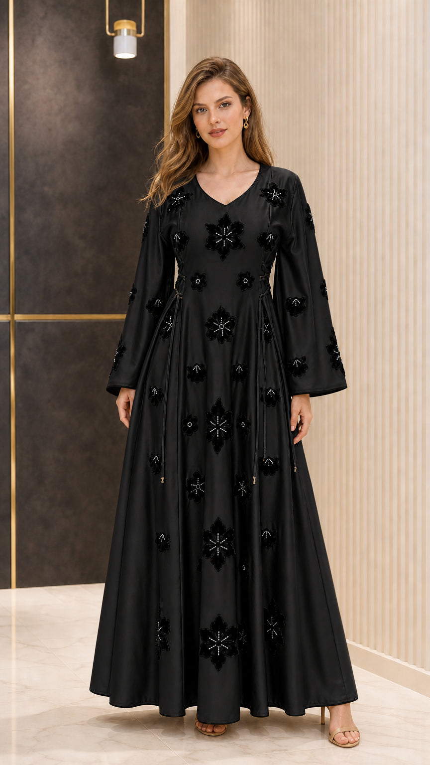 Full-length view of Black satin maxi dress with tonal floral appliques
