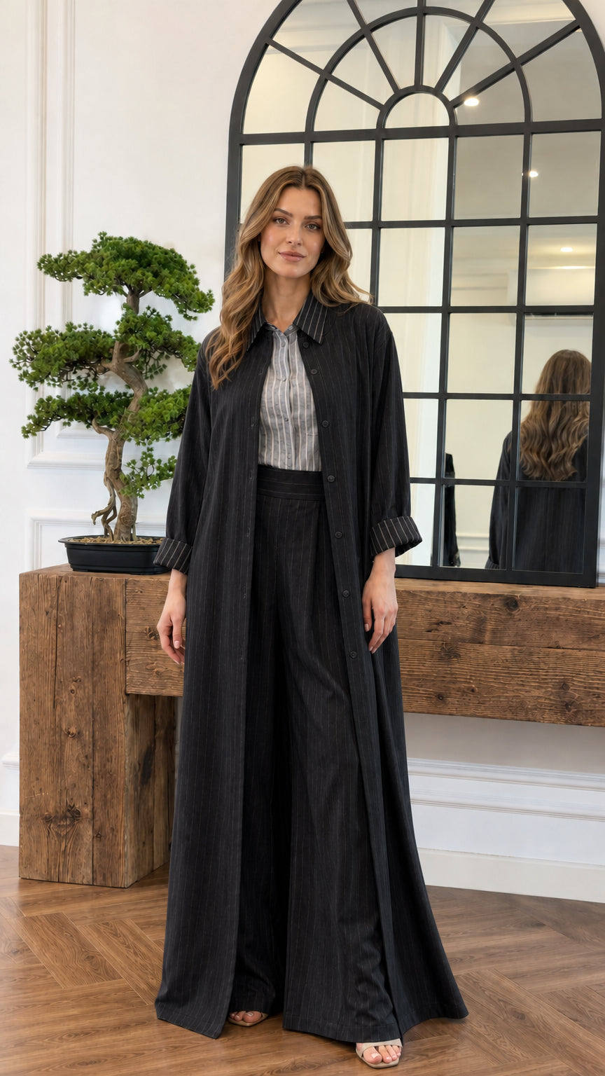 Model wearing the elegant black 3-piece duster and wide-leg pant set