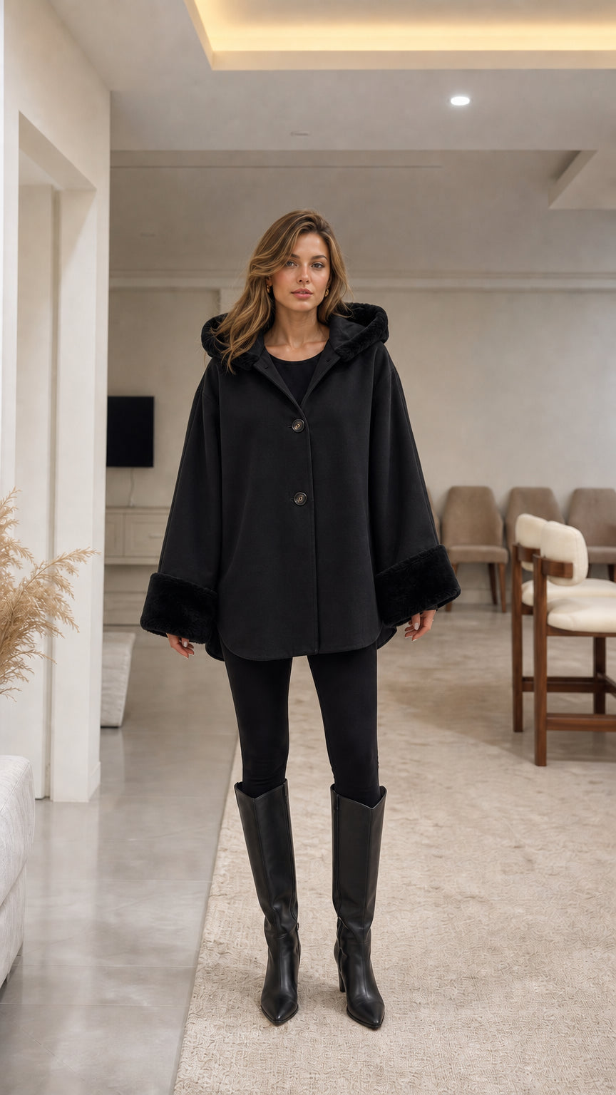 Model wearing black hooded cape coat with faux fur trim