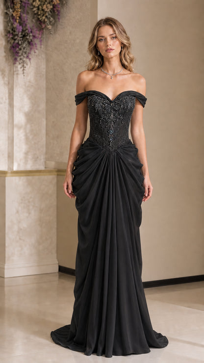 Black off-the-shoulder beaded formal evening gown with draped skirt