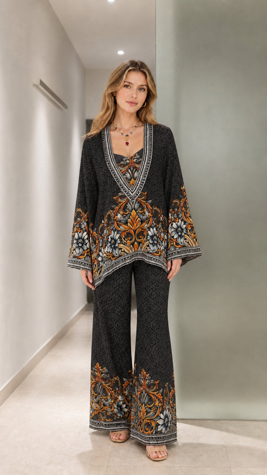 Front full-length view of black baroque floral printed tunic and pants two-piece set