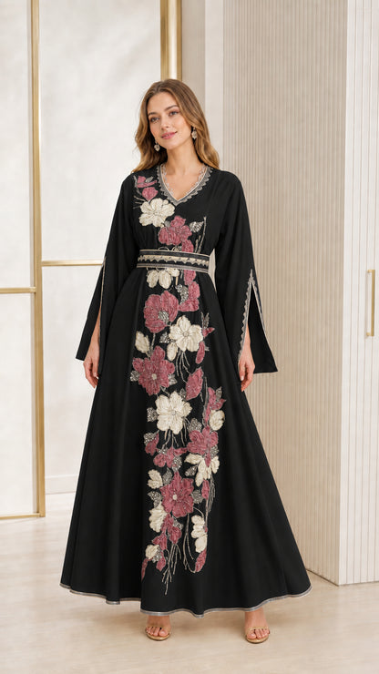 Black floral embroidered V-neck kaftan maxi dress front view