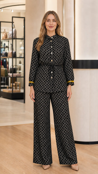 Model wearing Black geometric print belted top and wide leg pants set