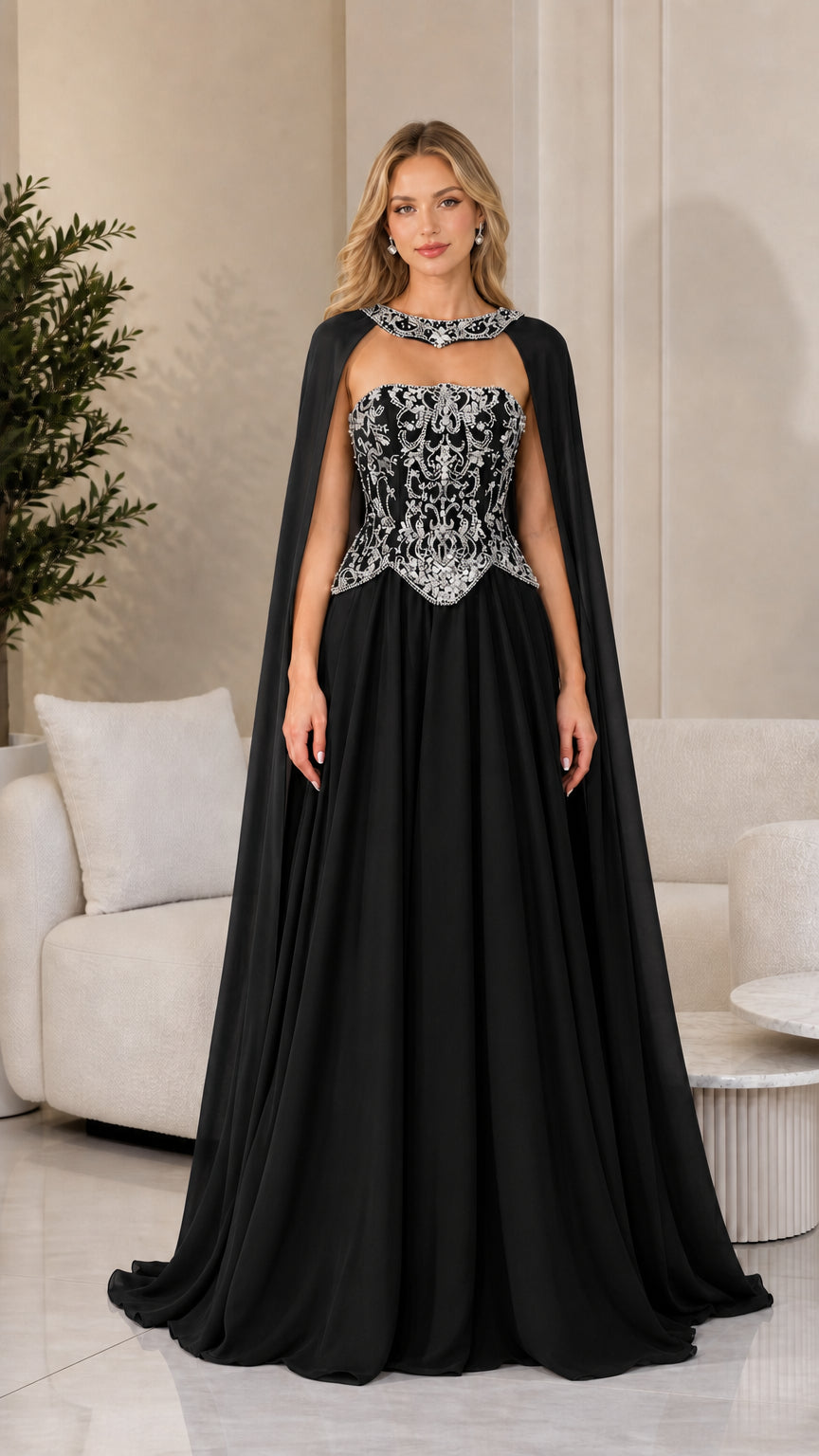 Front view of black formal evening gown with jeweled collar and cape