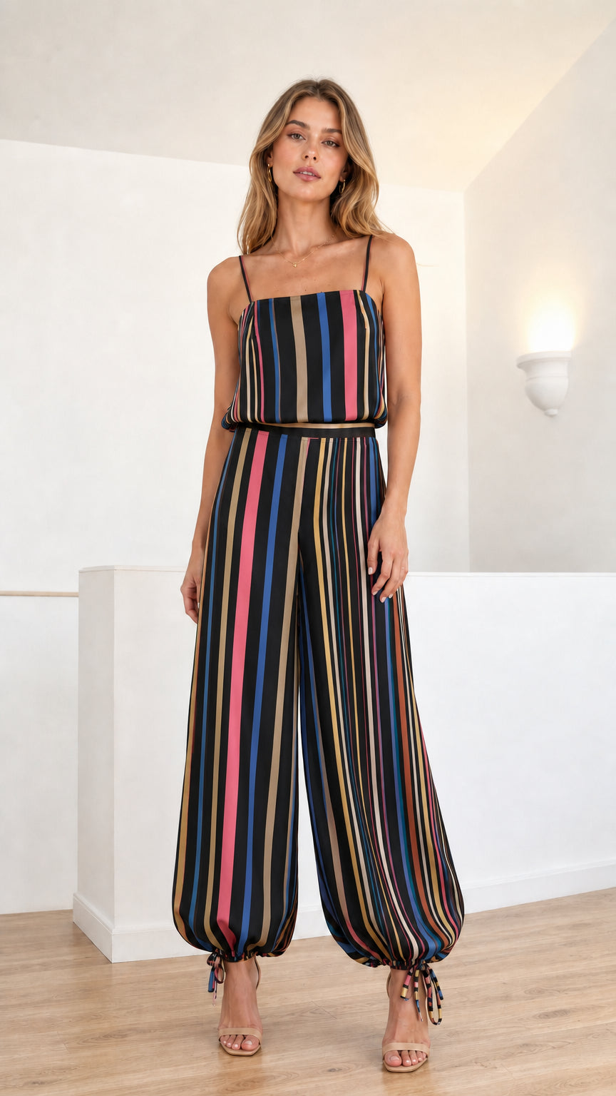 Model wearing black and multi-color vertical striped cami jumpsuit