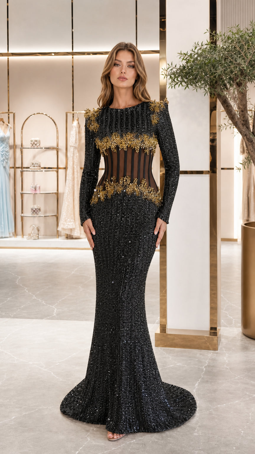 Black long sleeve sequin evening dress with sheer corset waist front view