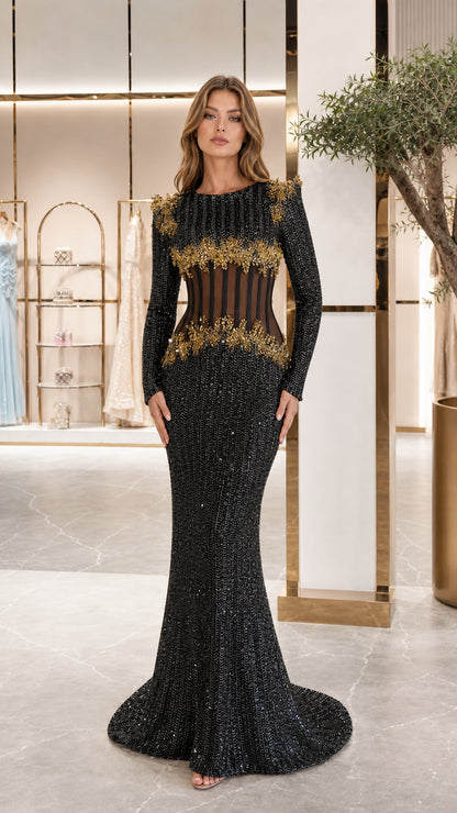 Black long sleeve sequin evening dress with sheer corset waist front view