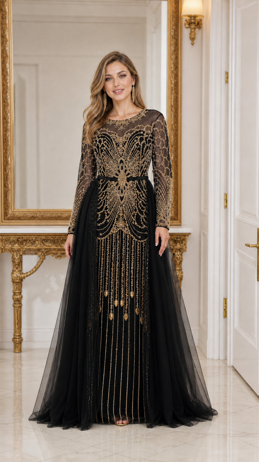 Front view of woman wearing black long sleeve beaded tulle evening gown