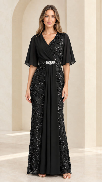 Black sequin lace and chiffon floor-length formal evening gown