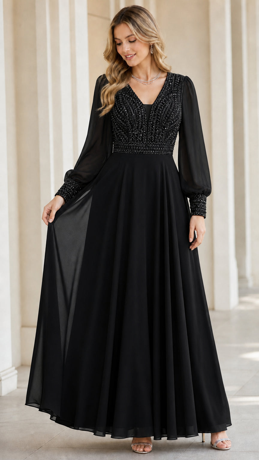 Black long sleeve beaded bodice chiffon maxi evening gown