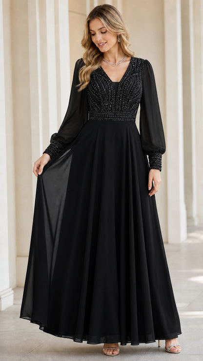 Black long sleeve beaded bodice chiffon maxi evening gown