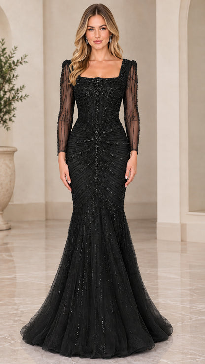 Classic black long sleeve beaded mermaid evening gown