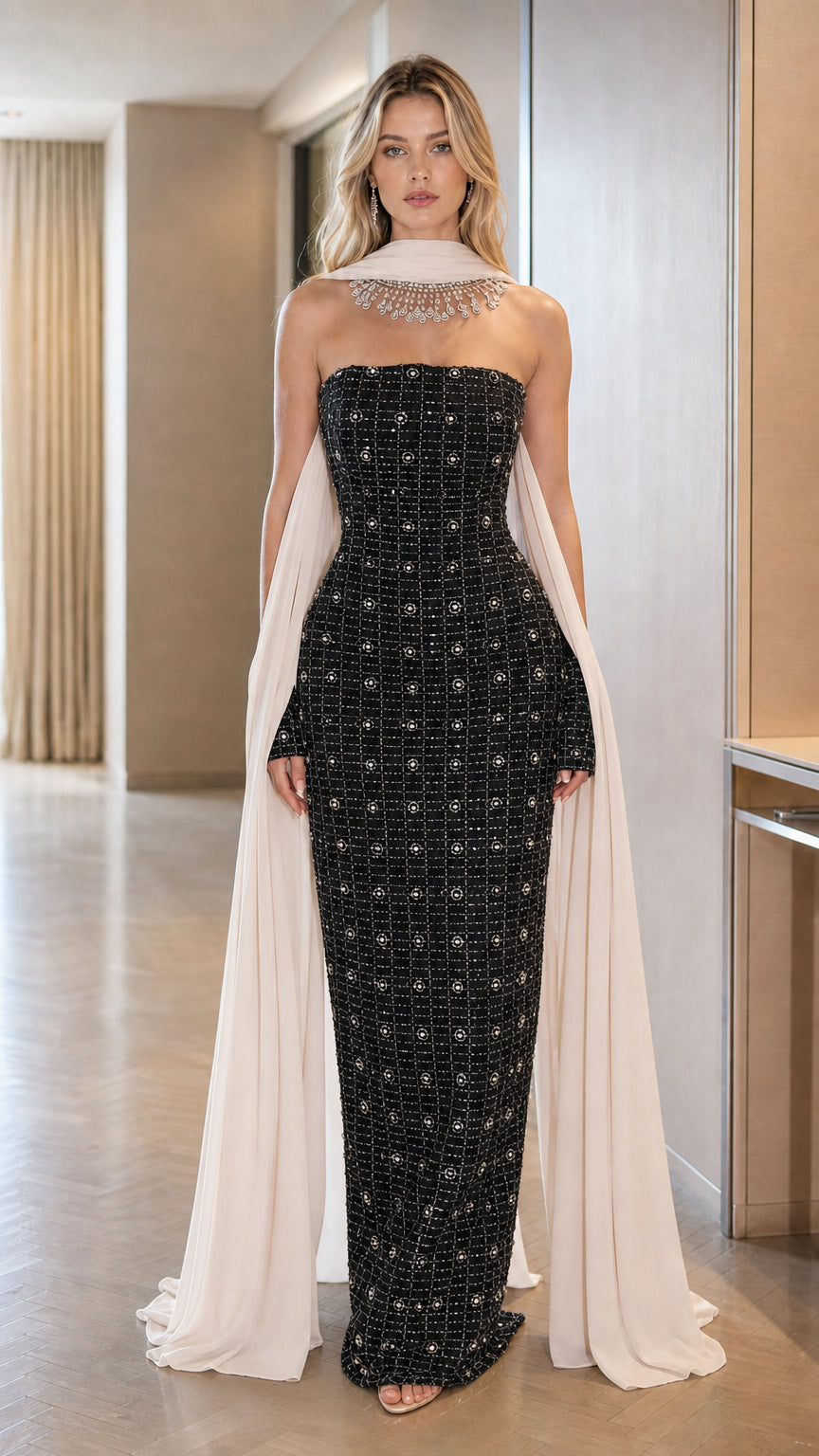 Front view of the Black strapless embellished column gown with contrasting ivory chiffon cape