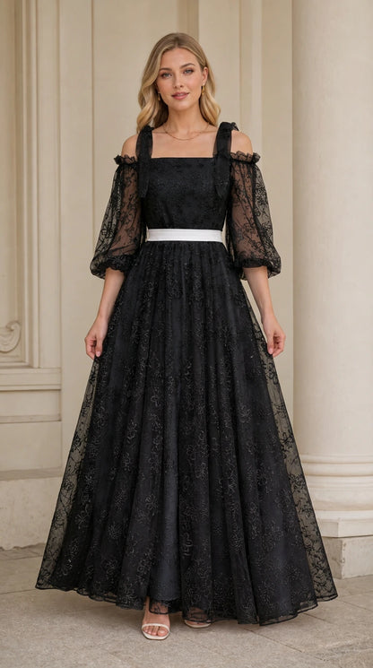 Black cold shoulder embroidered lace maxi dress with white contrast waist ribbon
