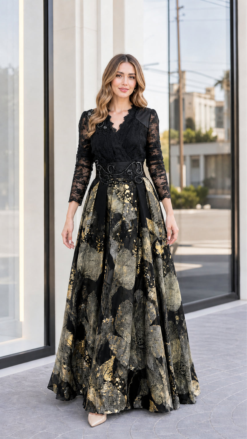 Black and gold metallic jacquard A-line formal evening gown