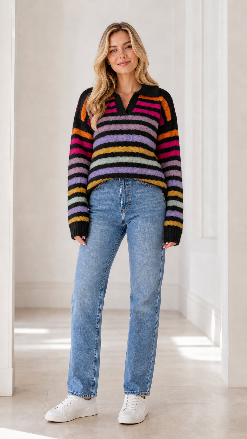 Front full view of woman wearing black base multicolor striped polo knit sweater