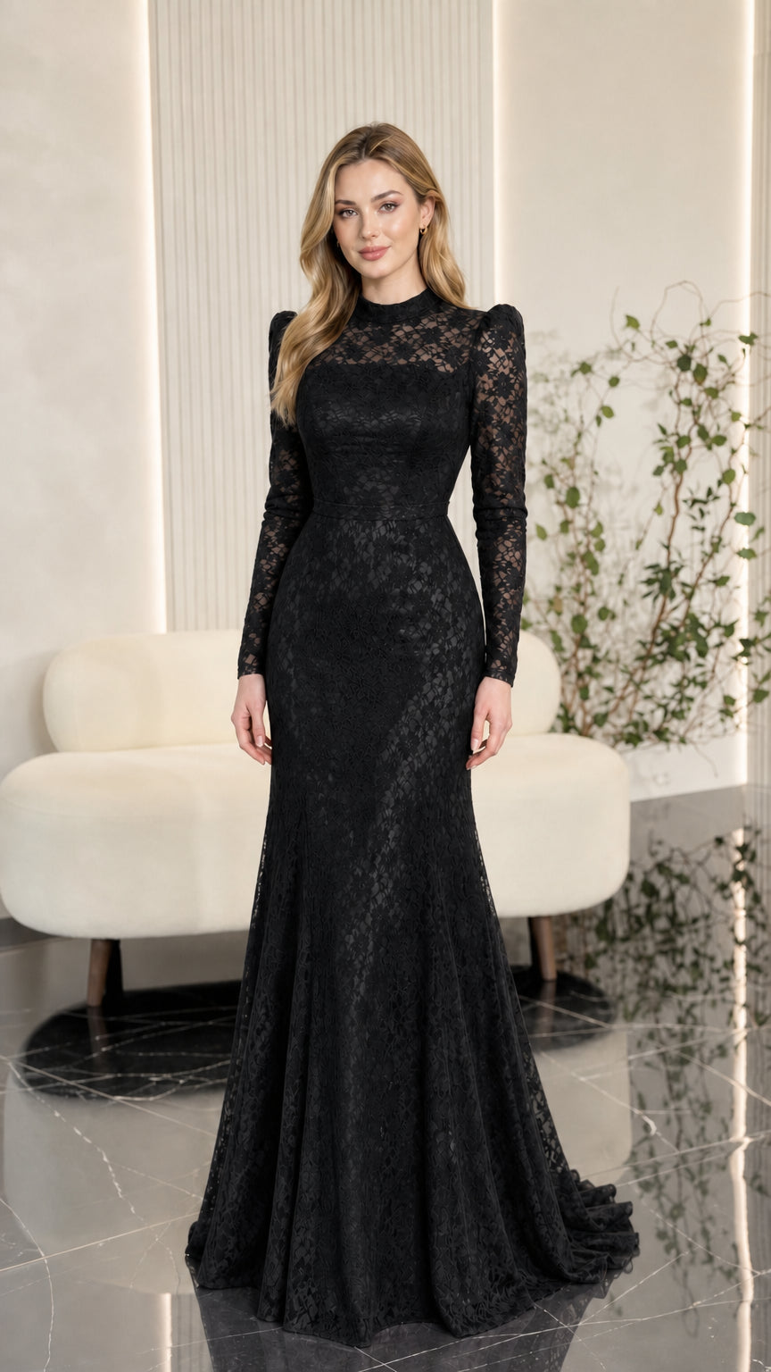 Black mock neck long sleeve lace mermaid formal evening gown