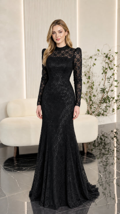 Black mock neck long sleeve lace mermaid formal evening gown