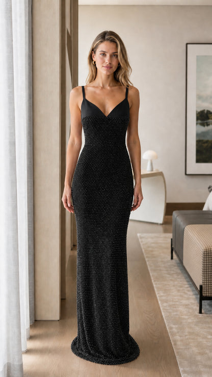 Front view of black sweetheart textured maxi evening dress