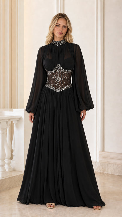 Black long sleeve chiffon formal evening dress with beaded corset waist