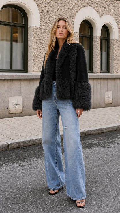 Model wearing black plush faux fur jacket with light blue denim jeans