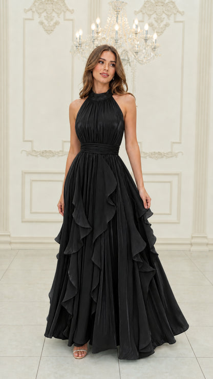 Black pleated halter neck cascading ruffle maxi formal dress