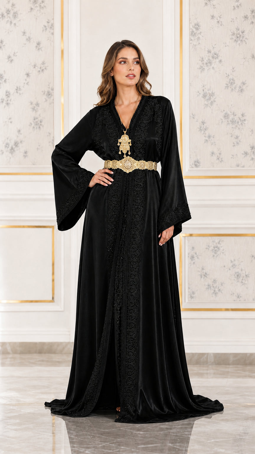 Full front view of black satin embroidered kaftan maxi dress with gold belt
