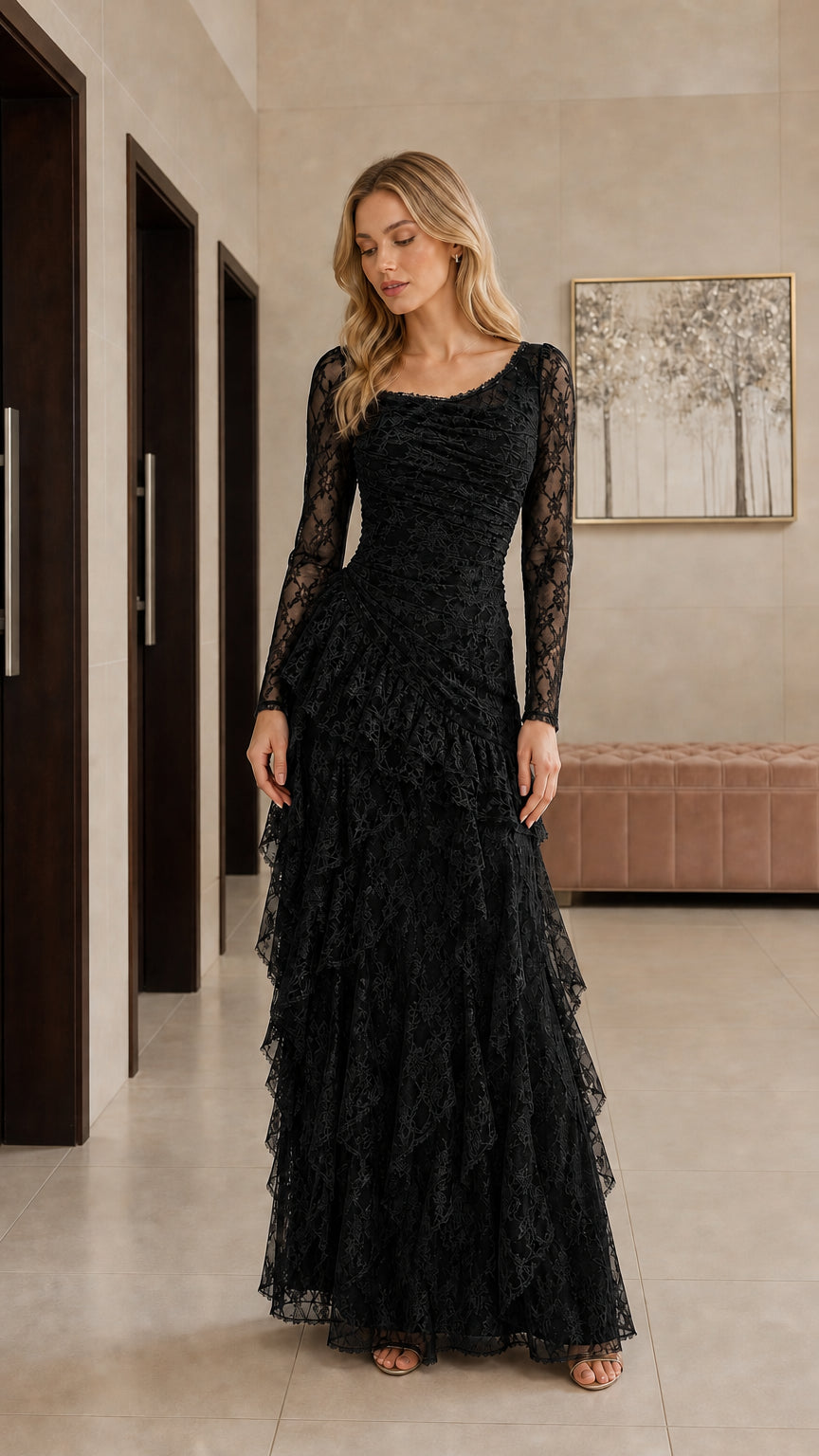 Black long sleeve tiered lace formal maxi gown