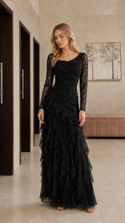 Black long sleeve tiered lace formal maxi gown