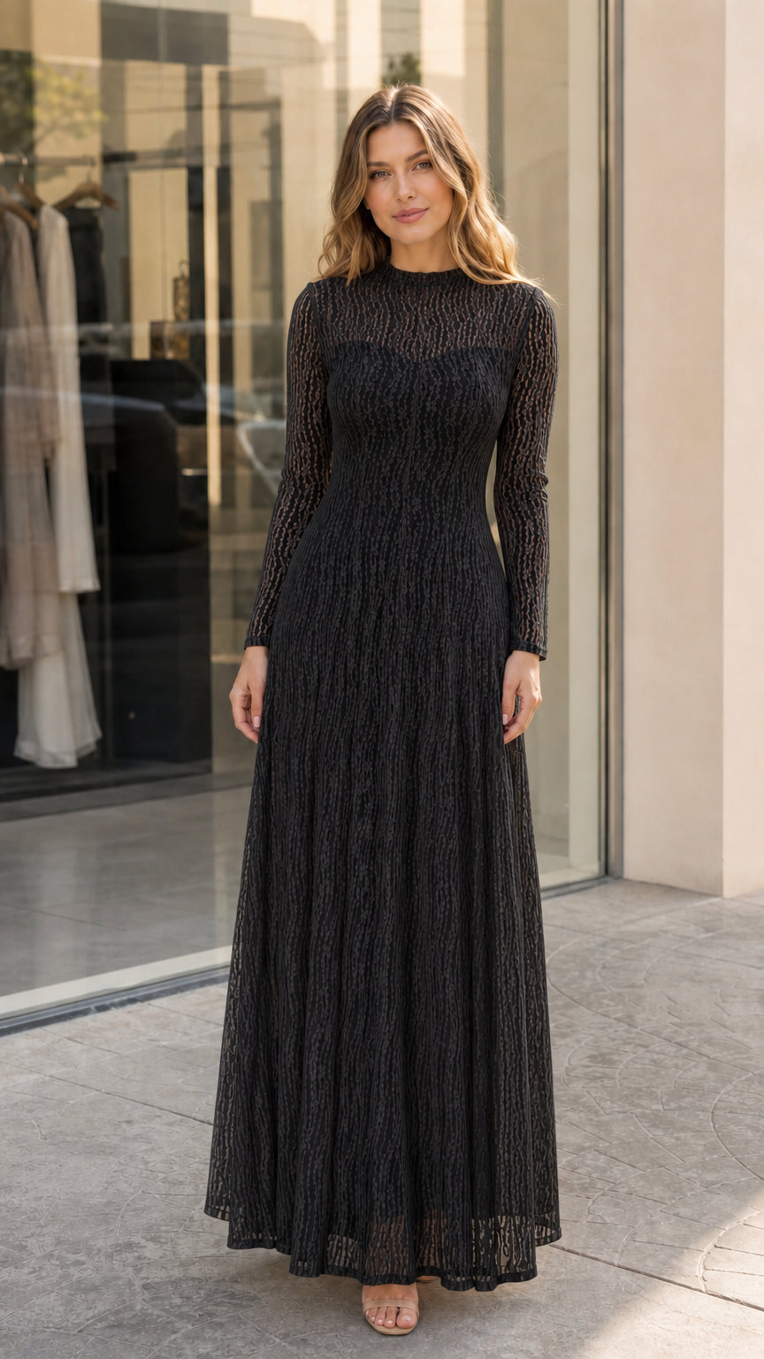 Model wearing the long sleeve lace illusion maxi dress in classic Black