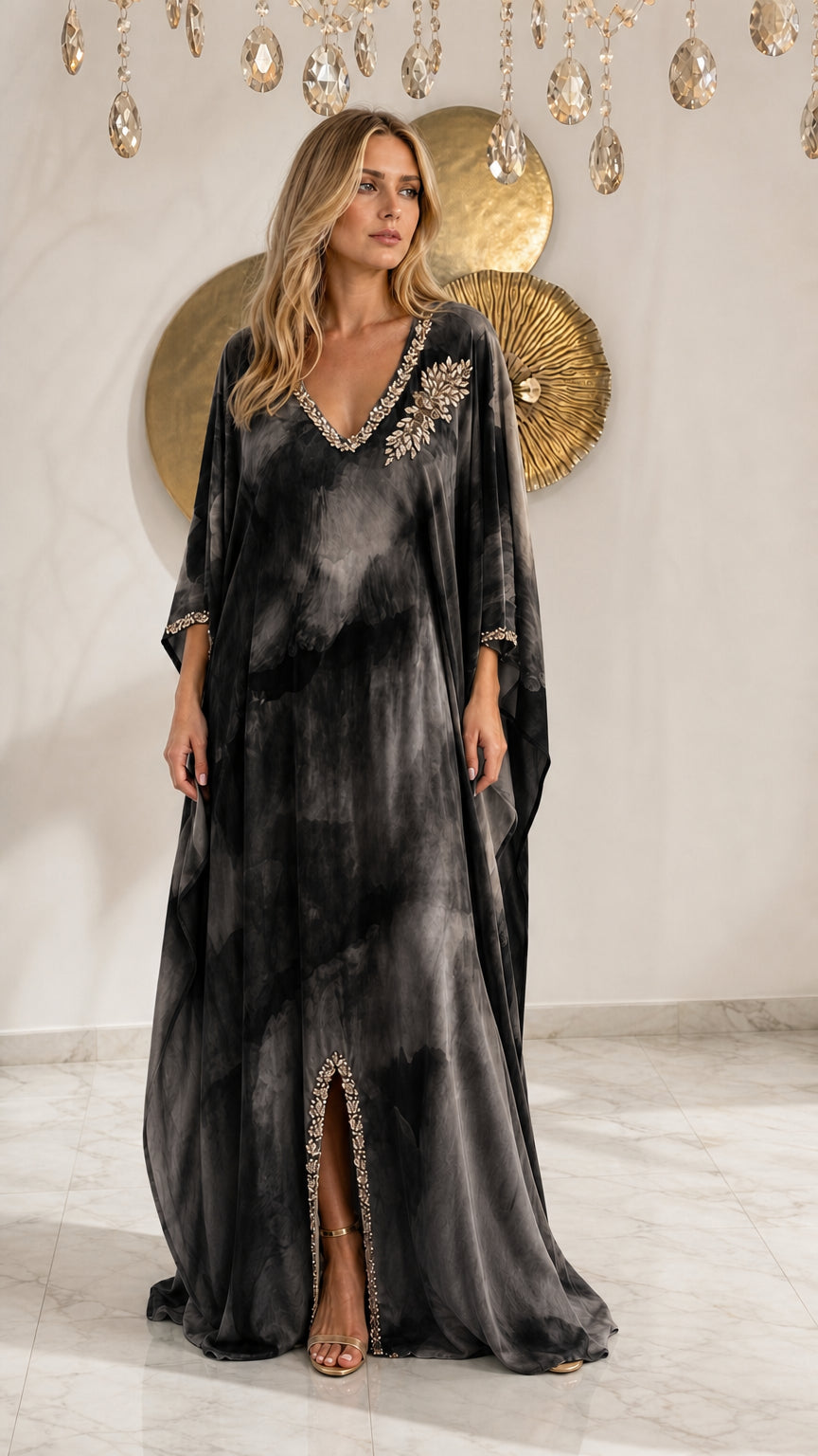 Charcoal Gray tie-dye embellished kaftan maxi dress