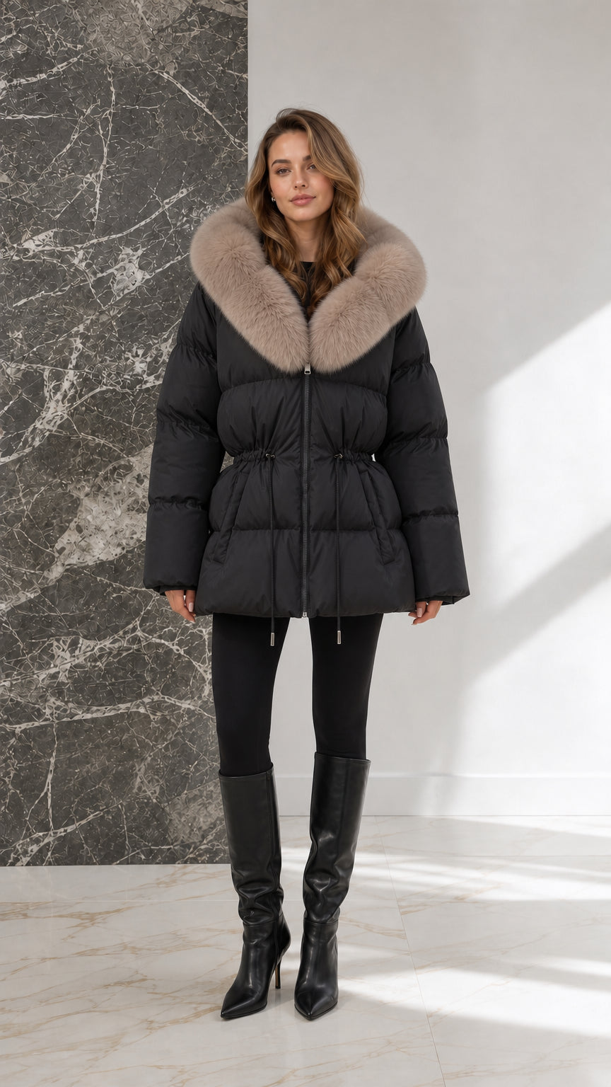 Full-body view of model wearing black quilted fur-collar puffer jacket with black boots