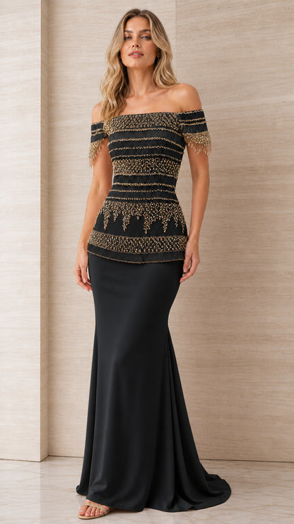 Black off-the-shoulder beaded peplum mermaid evening gown