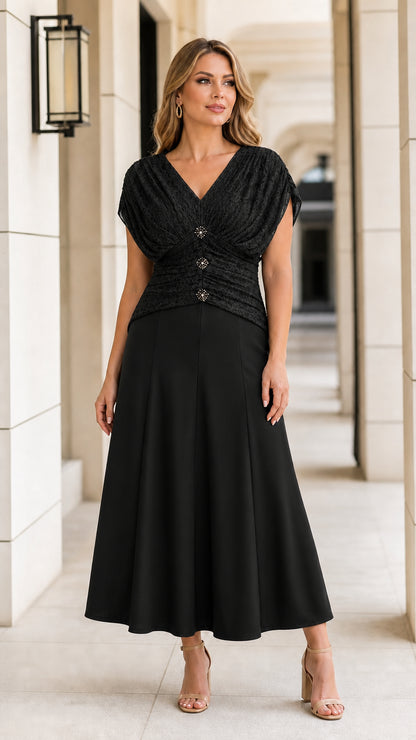 Model wearing classic black ruched V-neck A-line evening midi dress