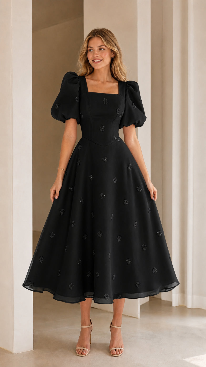 Black square neck puff sleeve embroidered A-line midi dress